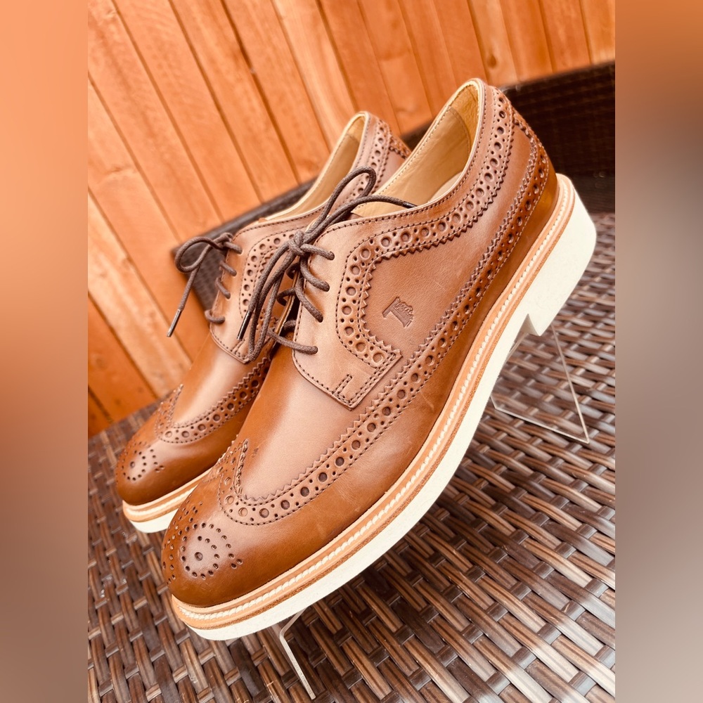 TOD'S CASUAL LACE-UP SHOES DERBY Bucatur BROWN LEATHER WHITE SOLE US 8.5 UK 7.5